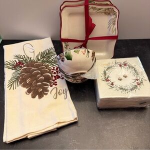 Holiday appetizer plates in Pinecones and berries with matching items.